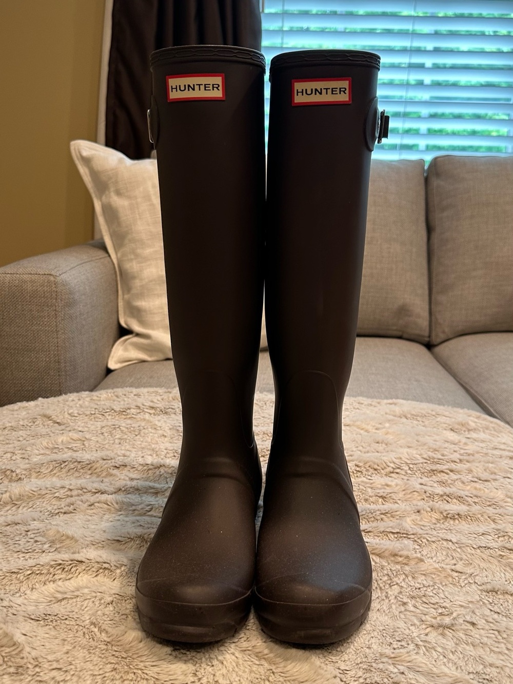 Hunter Tall Matte Brown Rain Boots with Logo Badge